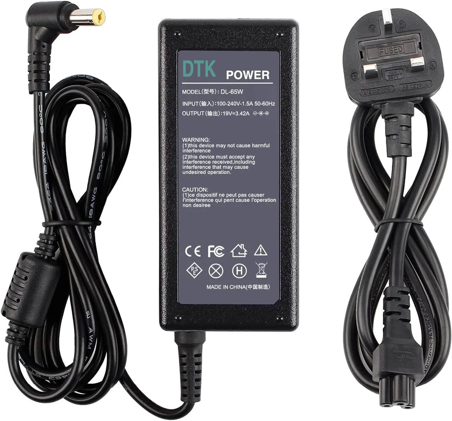 شارژر لپ تاپ 65 واتی DTK 19V 3.42A برای کامپیوتر نوت بوک Acer، سیم برق، آداپتور AC سری Aspire Extensa TravelMate TimelineX، کانکتور: 5.5 x 1.7mm