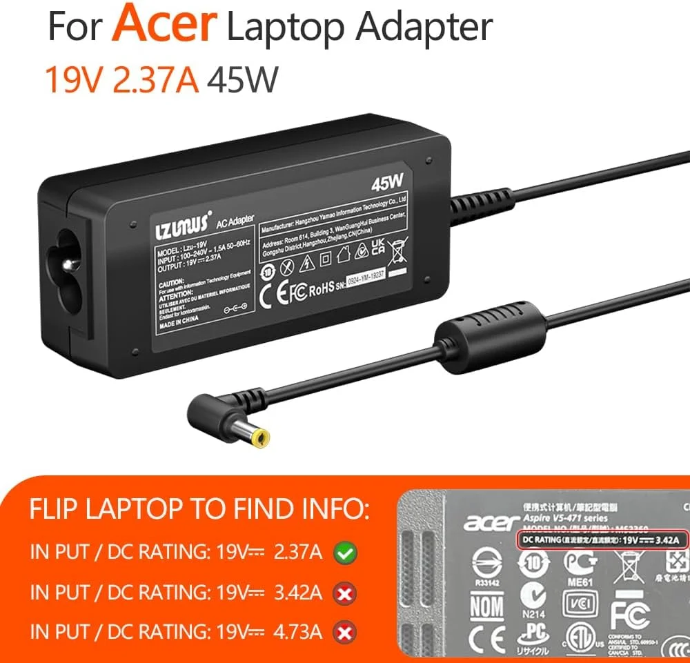شارژر 45 واتی LZUMWS برای ایسر، 19 ولت 2.37 آمپر 5.5x1.7 میلیمتر، آداپتور لپتاپ Aspire E5-411 P255 v15 s3 5750 1400 V3-112P برای سری Aspire 3/5 به همراه کابل شارژ شارژر 45 واتی LZUMWS برای ایسر، 19 ولت 2.37 آمپر 5.5x1.7 میلیمتر، آداپتور لپتاپ Aspire E5-411 P255 v15 s3 5750 1400 V3-112P برای سری Aspire 3/5 به همراه کابل شارژ