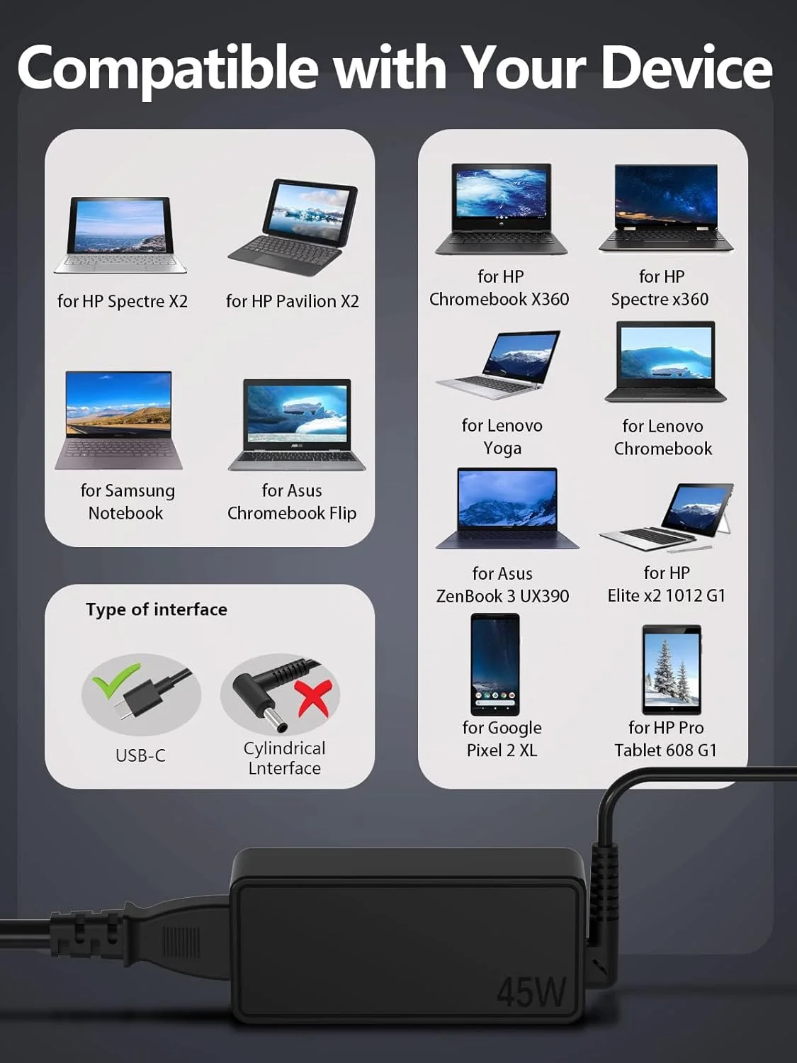 شارژر لپ تاپ 45 واتی USB C Chromebook، شارژ سریع سازگار با Lenovo ThinkPad/IdeaPad Yoga، HP Chromebook/Spectre X360، Acer، Asus، Samsung، Google و دستگاه های بیشتر با کابل منبع تغذیه Type-c شارژر لپ تاپ 45 واتی USB C Chromebook، شارژ سریع سازگار با Lenovo ThinkPad/IdeaPad Yoga، HP Chromebook/Spectre X360، Acer، Asus، Samsung، Google و دستگاه های بیشتر با کابل منبع تغذیه Type-c