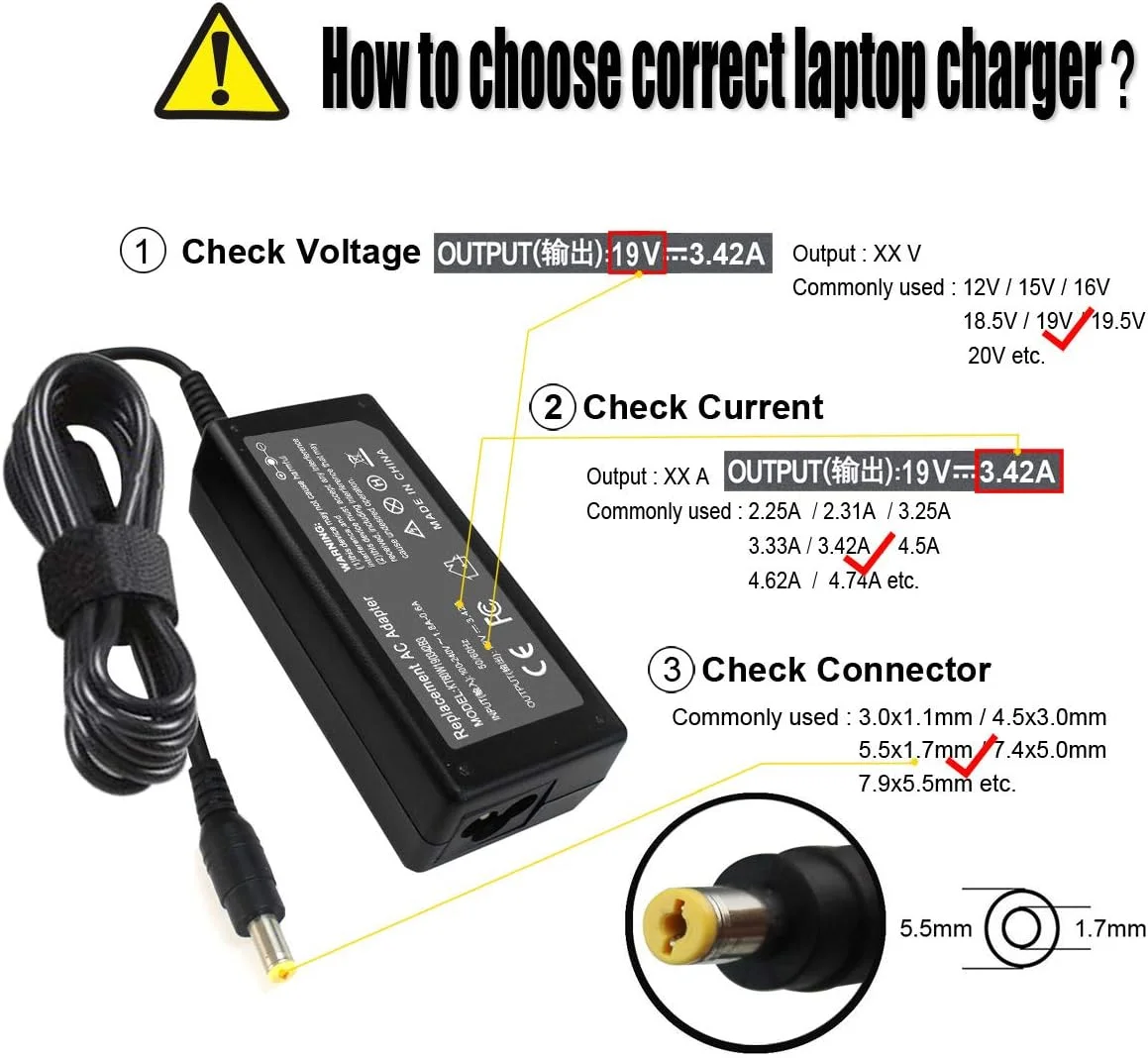 شارژر آداپتور AC 65W 19V 3.42A سازگار با Acer Aspire V5 V3 V7 S3 E1 R3 R7 M5 E1 5349 5750 5250 7560 AS7750 و مانیتورهای S202HL H236HL G246HL H276HL G276HL S220HQL HN274H PA-1650-86