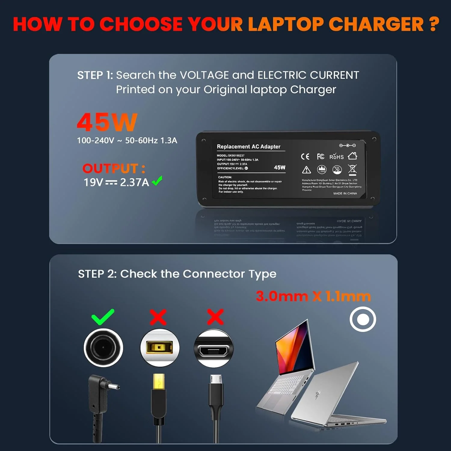 شارژر لپ تاپ 45 واتی Goodovo برای Acer Chromebook 11 13 14 15 A13-045N2A C720 CB3-431 PA-1450-26 R11 Acer Aspire One Cloudbook AO1-131 AO1-431 R14 R5 V3-371 Travelmate Series 3.0 x 1.1mm 19V 2.37A