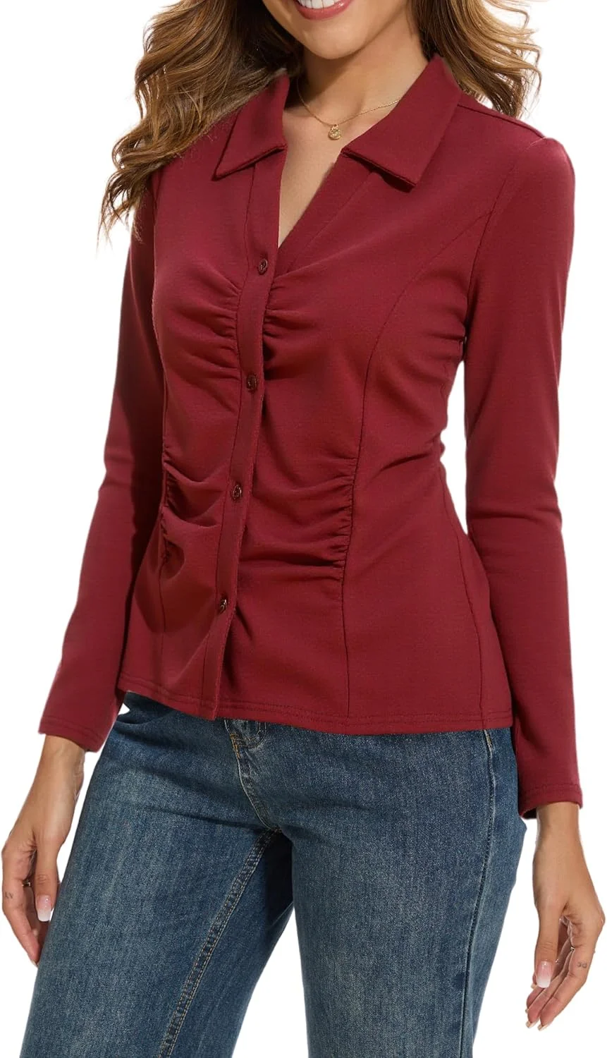 بلوزهای مجلسی Sarefii زنانه دکمه دار آستین بلند کشی مناسب محیط کار و استایل کژوال اداری پیراهن یقه دار حرفه ای