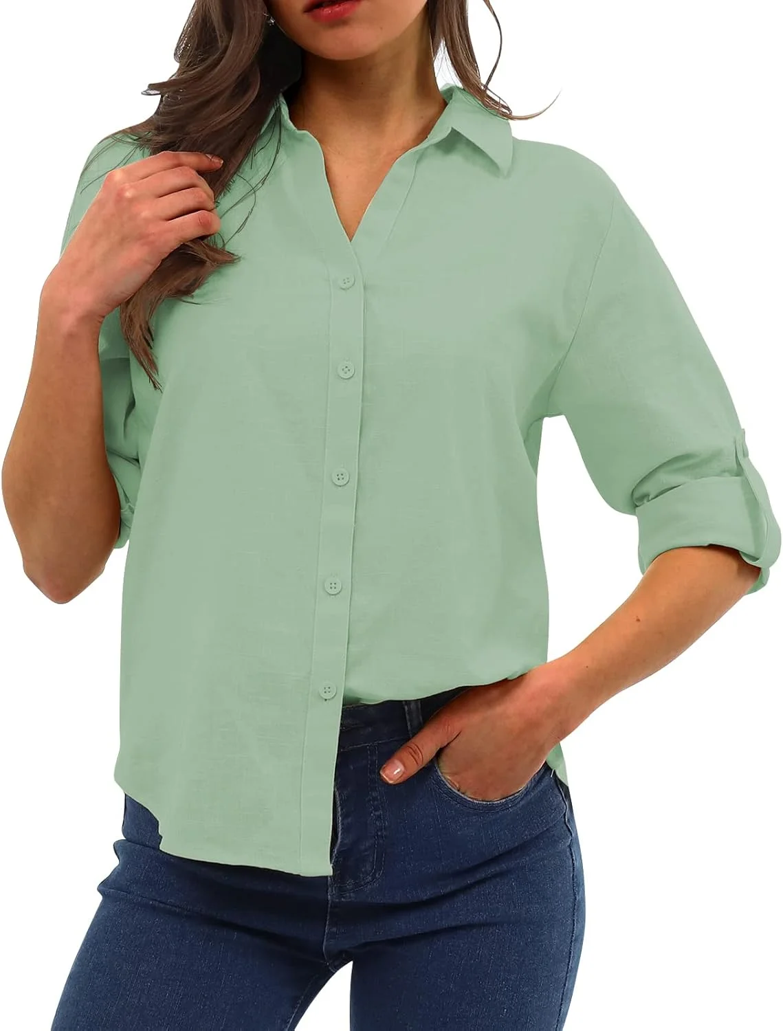 SAOVERE بلوز زنانه یقه هفت دکمه دار، آستین بلند، قابل جمع شدن، مناسب کار، ساده و یکدست