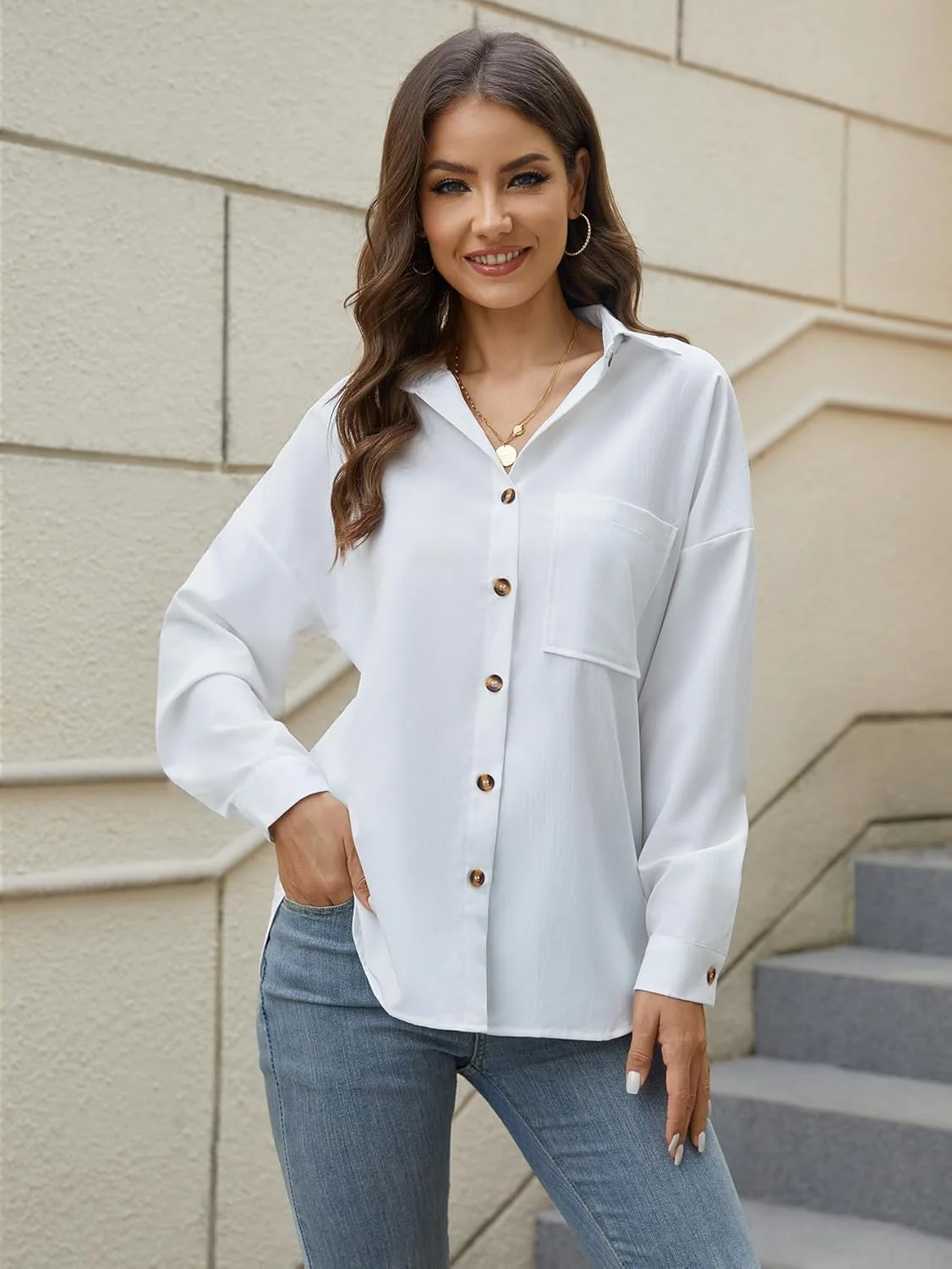 پیراهن دکمه دار زنانه Scacto، آستین بلند و سرشانه افتاده با جیب