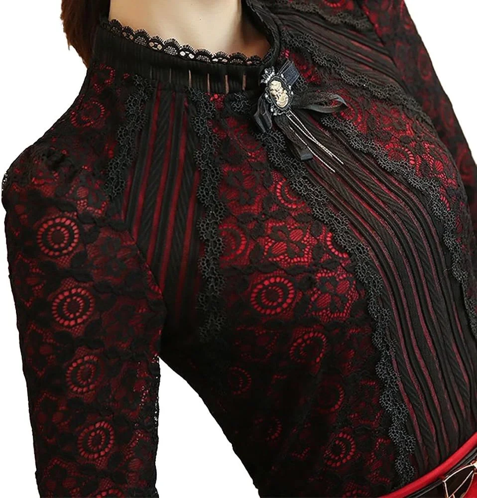 SansoiSan بلوز آستین بلند زنانه مدل دکمه دار منجوقی، توری و کشی