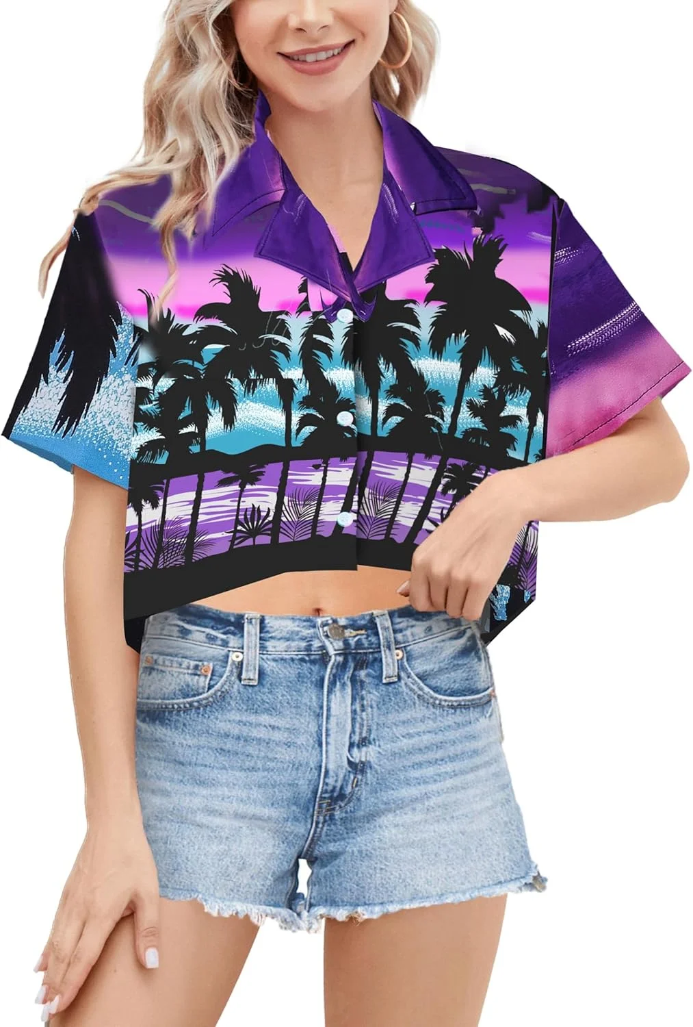 پیراهن های هاوایی کوتاه SANGTREE زنانه آستین کوتاه دکمه دار بلوز تعطیلات ساحلی