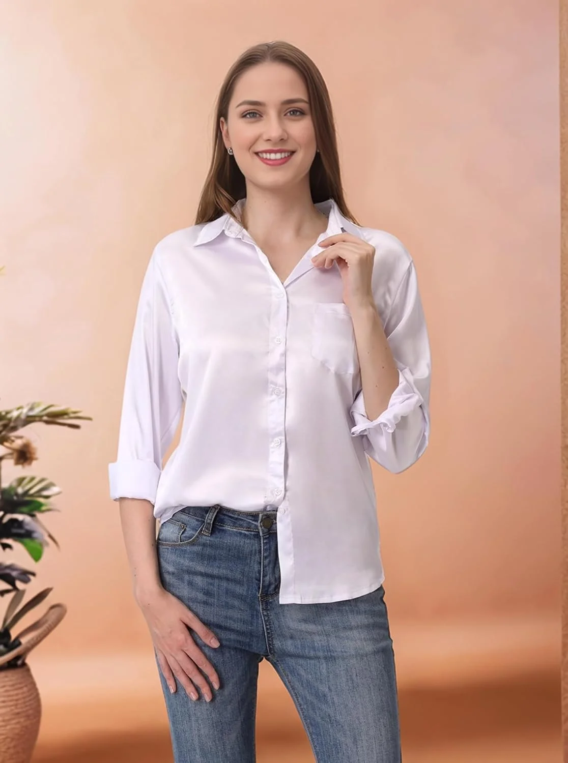 SANGTREE پیراهن زنانه ساتن ابریشمی دکمه دار یقه هفت آستین بلند اندامی مناسب بلوز اداری تاپ های غیر رسمی تجاری با جیب