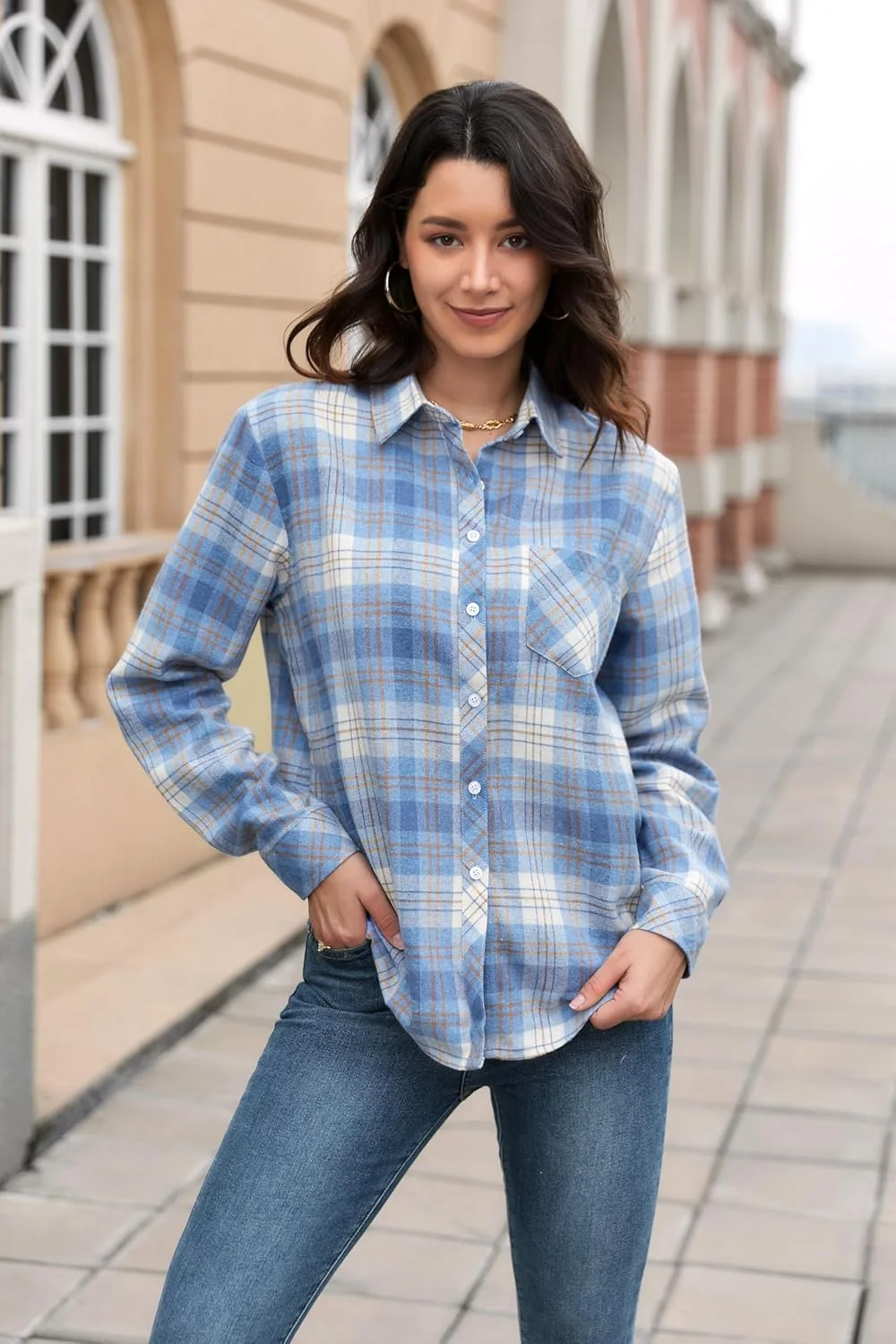 پیراهن های چهارخانه آستین بلند دکمه دار زنانه و دخترانه SANGTREE، سایز 3 ماهه تا 2XL بزرگسال