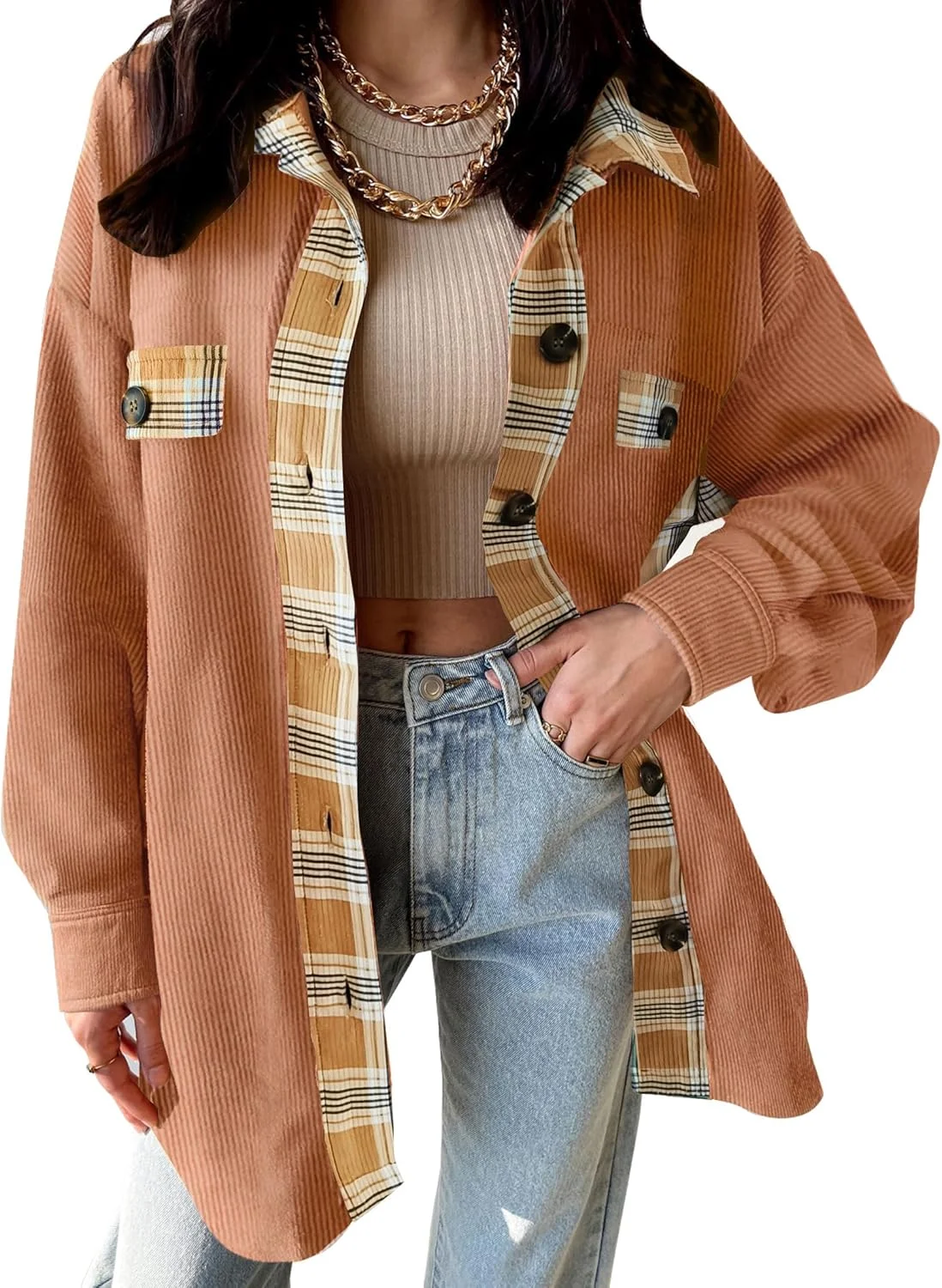 SANDERY پیراهن زنانه دکمه دار مخمل کبریتی، شکت زنانه، آستین بلند، یقه دار، کت جیب دار SANDERY پیراهن زنانه دکمه دار مخمل کبریتی، شکت زنانه، آستین بلند، یقه دار، کت جیب دار