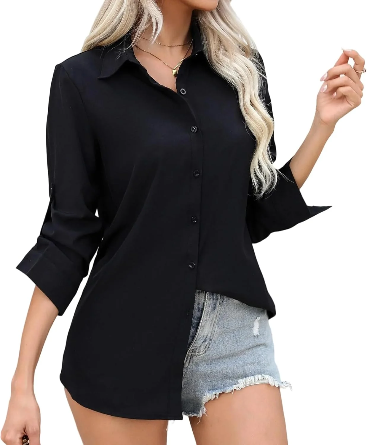 پیراهن آستین بلند زنانه Sahunfri، مناسب، بلوز مشکی دکمه دار برای پوشش اداری و غیر رسمی بانوان پیراهن آستین بلند زنانه Sahunfri، مناسب، بلوز مشکی دکمه دار برای پوشش اداری و غیر رسمی بانوان
