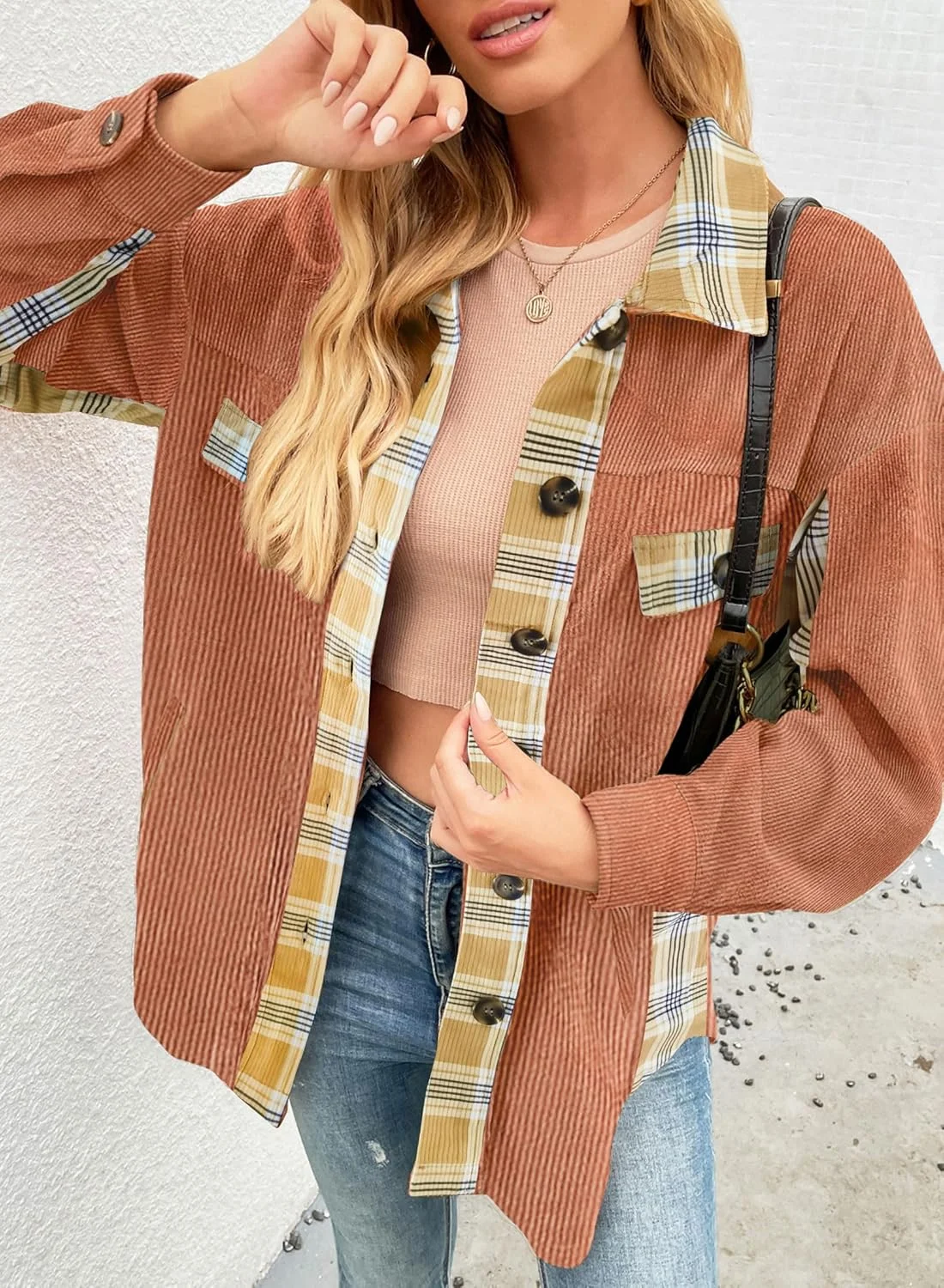 SANDERY پیراهن زنانه دکمه دار مخمل کبریتی، شکت زنانه، آستین بلند، یقه دار، کت جیب دار