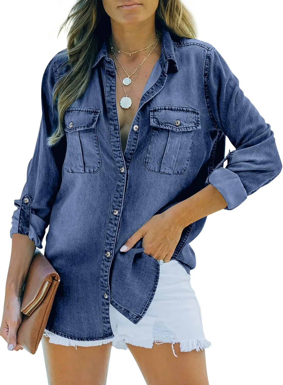 رانکاتی پیراهن جین زنانه دکمه دار آستین بلند آستین قابل جمع شدن، پیراهن اورسایز کژوال، کت جین، تونیک طرح دار