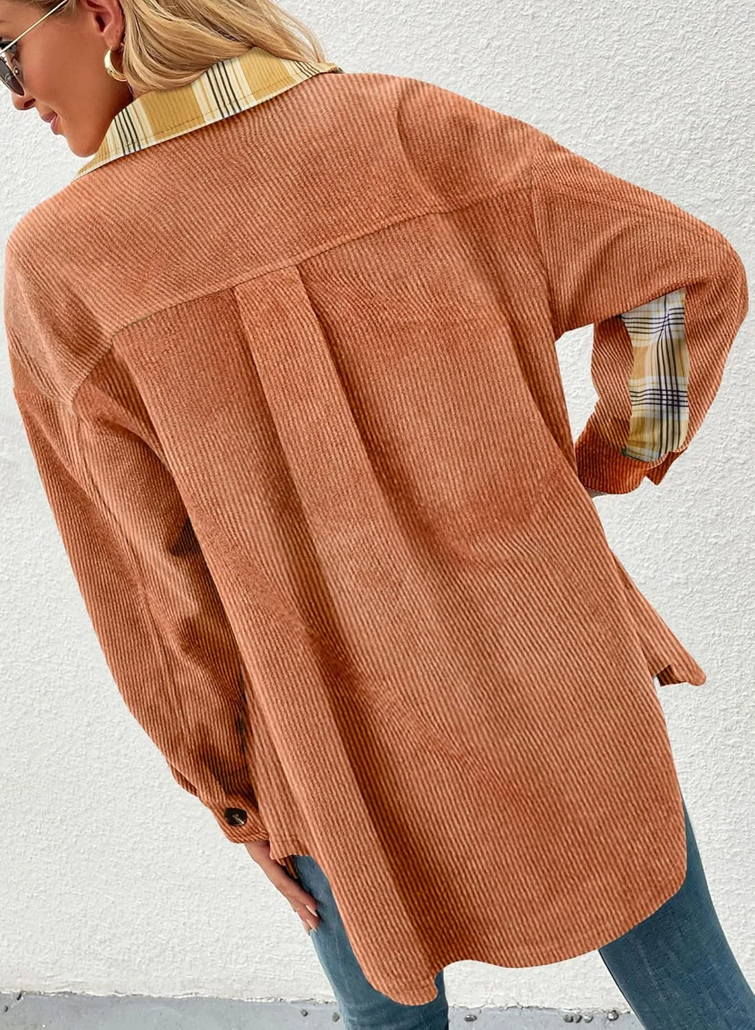 SANDERY پیراهن زنانه دکمه دار مخمل کبریتی، شکت زنانه، آستین بلند، یقه دار، کت جیب دار