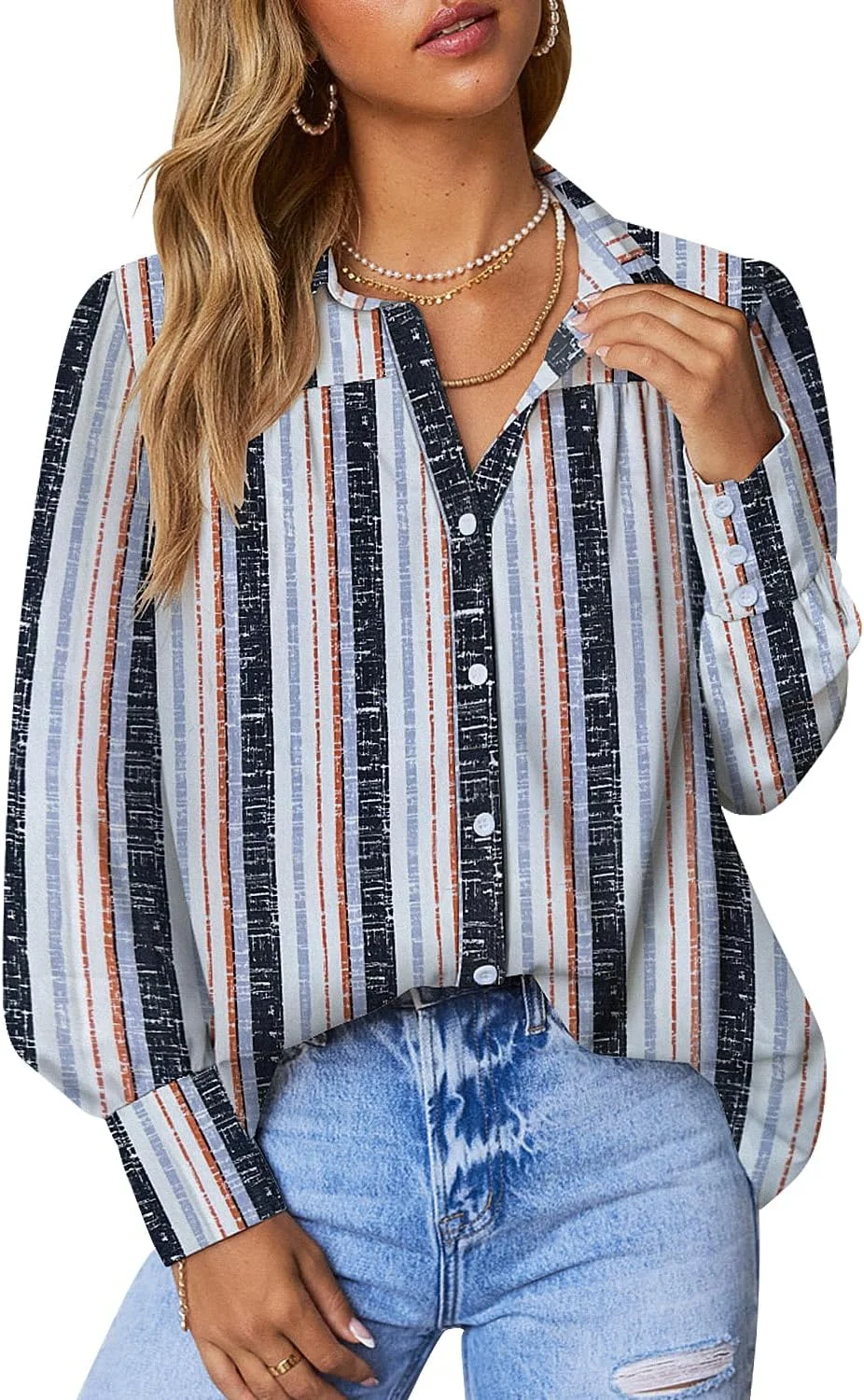 roswear پیراهن زنانه آستین بلند دکمه دار، بلوز راه راه یقه هفت، تاپ های غیر رسمی شیفون roswear پیراهن زنانه آستین بلند دکمه دار، بلوز راه راه یقه هفت، تاپ های غیر رسمی شیفون