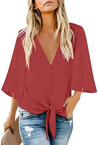 بلوز زنانه Roskiky یقه هفت دکمه دار آستین بلند گره دار جلو، قرمز K، سایز S بلوز زنانه Roskiky یقه هفت دکمه دار آستین بلند گره دار جلو، قرمز K، سایز S