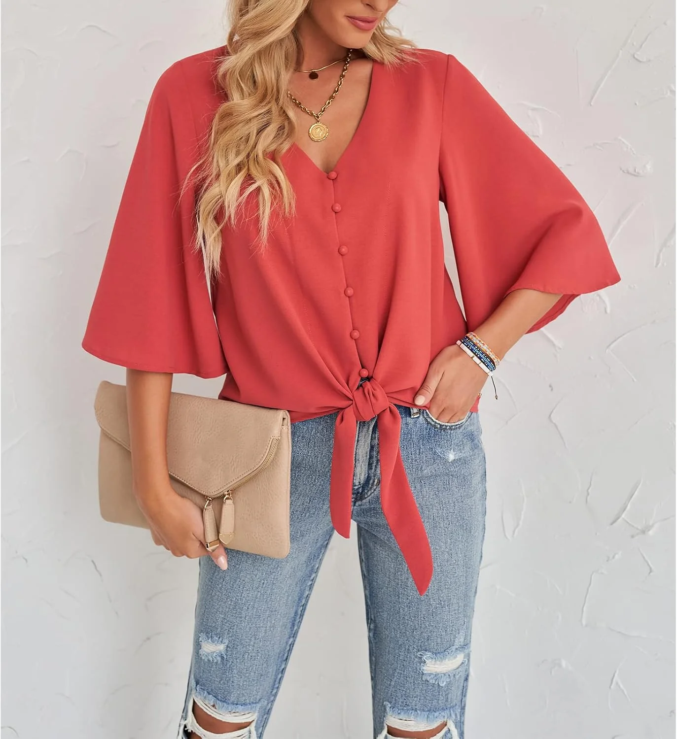 بلوز زنانه Roskiky یقه هفت دکمه دار آستین بلند گره دار جلو، قرمز K، سایز S