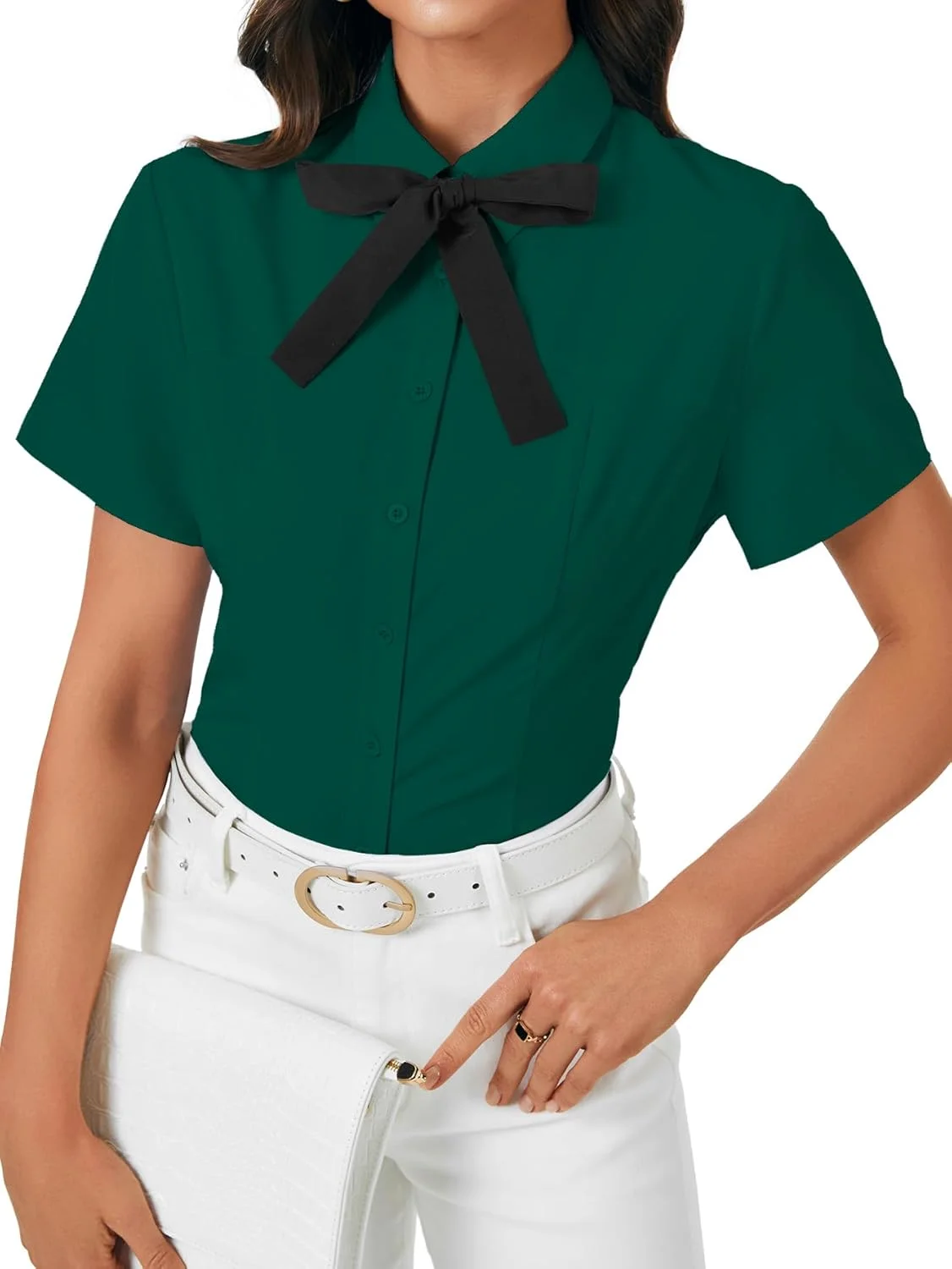 روسیر بلوز زنانه یقه دار آستین کوتاه دکمه دار با پاپیون، مناسب کار، شیک و مجلسی