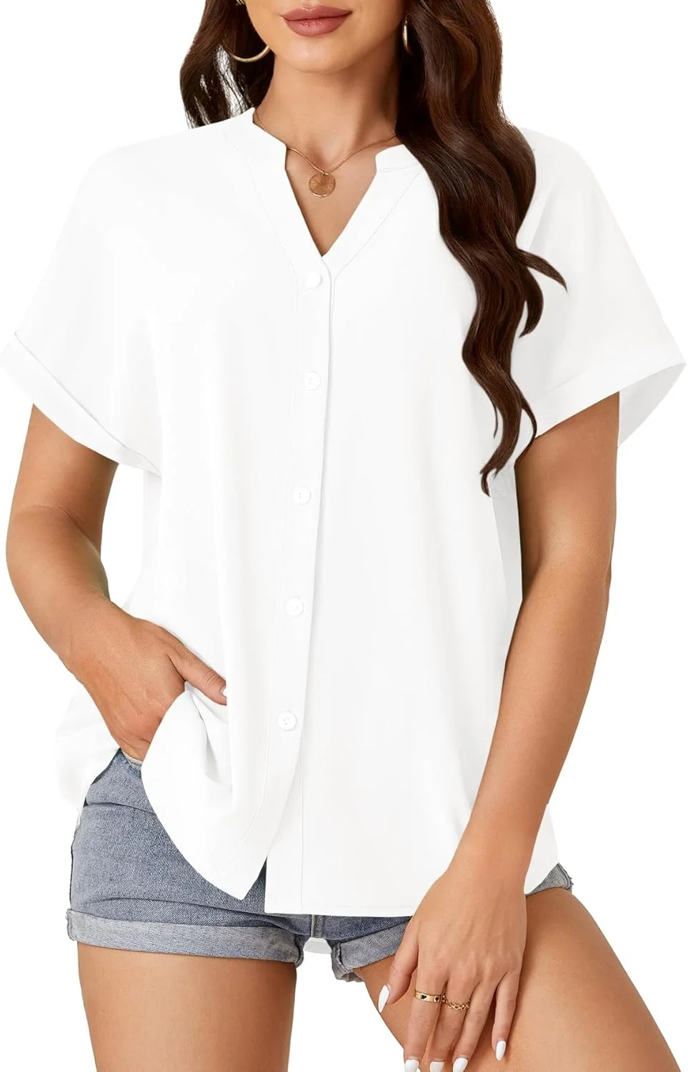 روسیر بلوز زنانه دکمه دار یقه هفت آستین خفاشی آستین کوتاه مناسب برای محیط کار و استایل رسمی