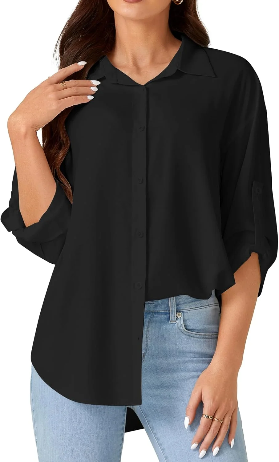 بلوز آستین بلند دکمه دار زنانه Rooscier، یقه دار، آستین قابل جمع شدن، مناسب برای کار و استفاده روزمره
