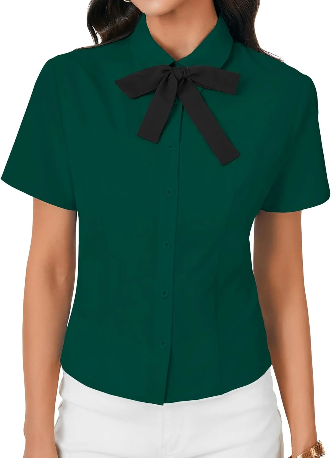 روسیر بلوز زنانه یقه دار آستین کوتاه دکمه دار با پاپیون، مناسب کار، شیک و مجلسی