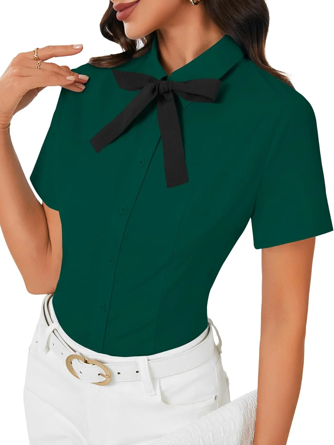 روسیر بلوز زنانه یقه دار آستین کوتاه دکمه دار با پاپیون، مناسب کار، شیک و مجلسی