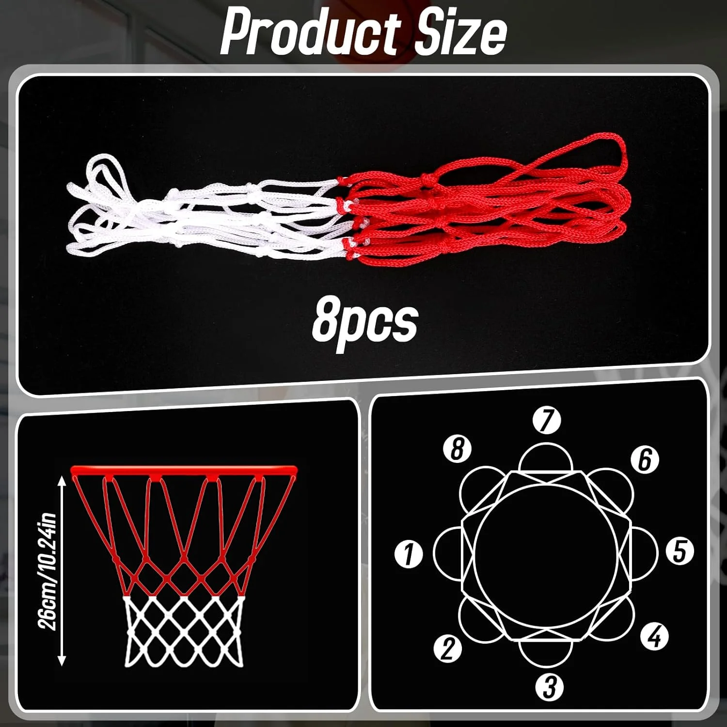 8 عدد تور بسکتبال کوچک جایگزین برای حلقه های بسکتبال 8 تا 10.25 اینچی، نایلونی قرمز سفید، تور حلقه بسکتبال کوچک مناسب فضای باز و داخل خانه برای کودکان 8 عدد تور بسکتبال کوچک جایگزین برای حلقه های بسکتبال 8 تا 10.25 اینچی، نایلونی قرمز سفید، تور حلقه بسکتبال کوچک مناسب فضای باز و داخل خانه برای کودکان