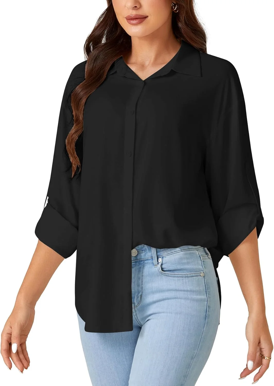 بلوز آستین بلند دکمه دار زنانه Rooscier، یقه دار، آستین قابل جمع شدن، مناسب برای کار و استفاده روزمره