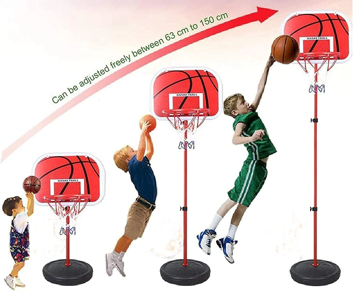 پایه حلقه بسکتبال چرخ دار DMG، حلقه بسکتبال قابل حمل با ارتفاع قابل تنظیم برای کودکان به همراه توپ و پمپ، بازی و فعالیت ورزشی داخل و خارج از خانه، مناسب کودکان نوپا، 63-150 سانتی متر پایه حلقه بسکتبال چرخ دار DMG، حلقه بسکتبال قابل حمل با ارتفاع قابل تنظیم برای کودکان به همراه توپ و پمپ، بازی و فعالیت ورزشی داخل و خارج از خانه، مناسب کودکان نوپا، 63-150 سانتی متر