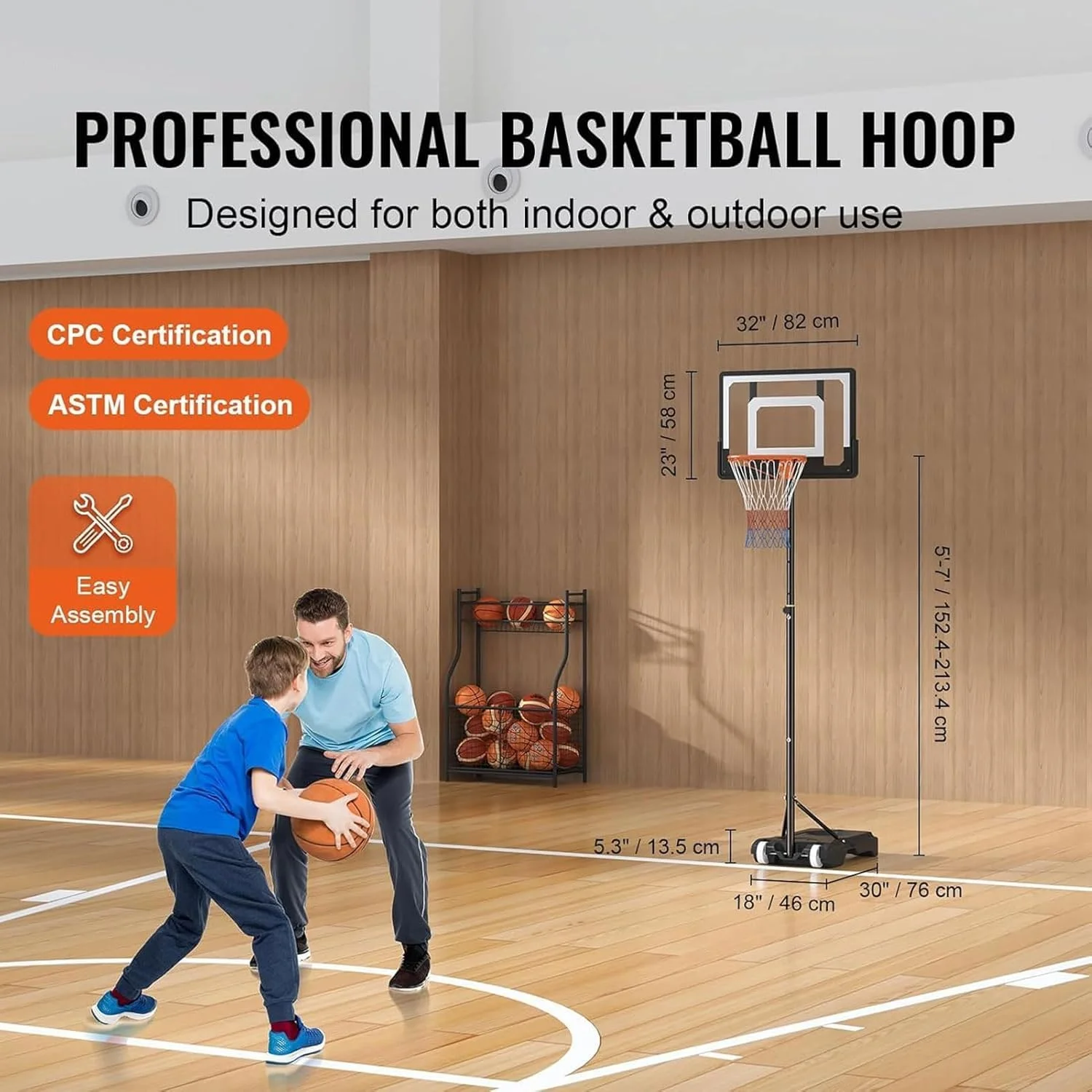 حلقه بسکتبال قابل حمل، سیستم گل بسکتبال قابل تنظیم، پایه سیستم بسکتبال با تخته سیاه و چرخ، پایه پر کردنی، مقاوم در برابر آب و هوا، تور نایلونی، مناسب فضای باز و داخل خانه برای کودکان و بزرگسالان (1.6-2.1 متر) - A…