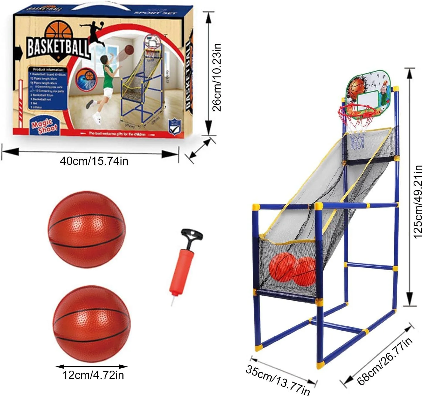 دستگاه بسکتبال کودکانه داخل و خارج از خانه، ست تخته پشتی و حلقه بسکتبال کوچک، مونتاژ آسان، اسباب بازی ورزشی تعاملی والدین و کودک، 125x35x68 سانتی متر