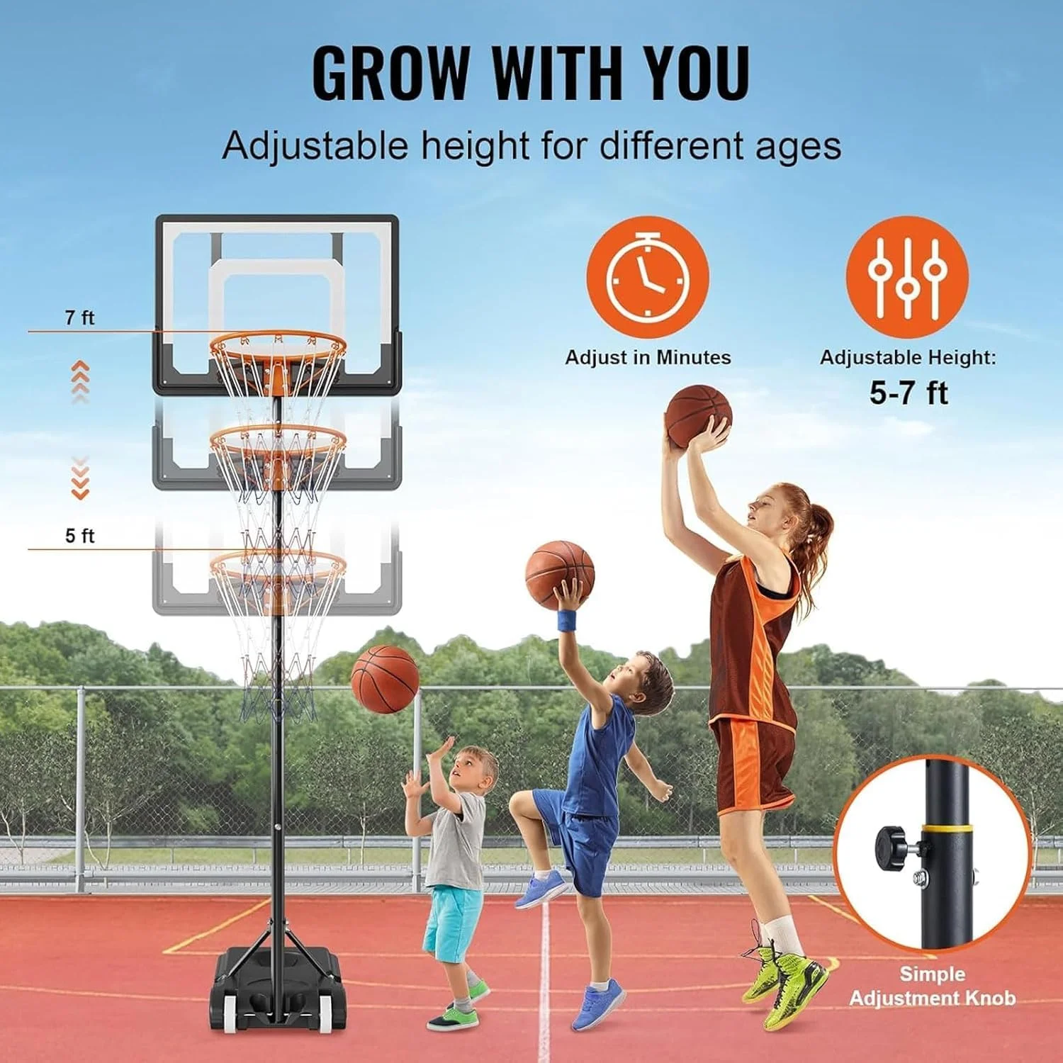 حلقه بسکتبال قابل حمل، سیستم گل بسکتبال قابل تنظیم، پایه سیستم بسکتبال با تخته سیاه و چرخ، پایه پر کردنی، مقاوم در برابر آب و هوا، تور نایلونی، مناسب فضای باز و داخل خانه برای کودکان و بزرگسالان (1.6-2.1 متر) - A…