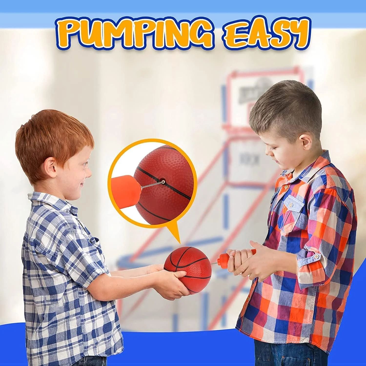 حلقه بسکتبال و پایه SKADE برای کودکان، تور بسکتبال کوچک و پمپ، بازی حلقه بسکتبال آرکید با 2 توپ، بازی آرکید، مجموعه بازی ورزشی داخل و خارج از خانه برای کودکان 3 سال به بالا