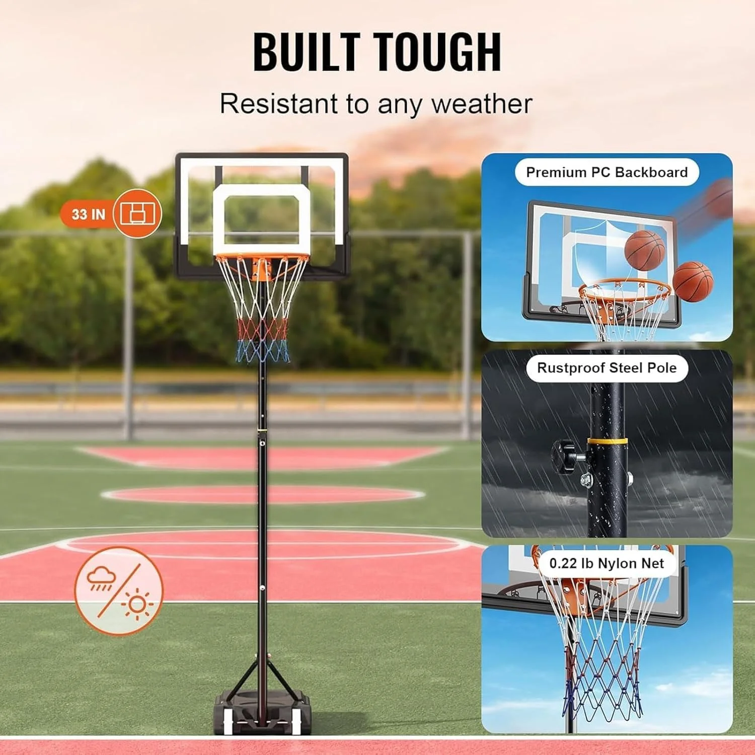 حلقه بسکتبال قابل حمل، سیستم گل بسکتبال قابل تنظیم، پایه سیستم بسکتبال با تخته سیاه و چرخ، پایه پر کردنی، مقاوم در برابر آب و هوا، تور نایلونی، مناسب فضای باز و داخل خانه برای کودکان و بزرگسالان (1.6-2.1 متر) - A…
