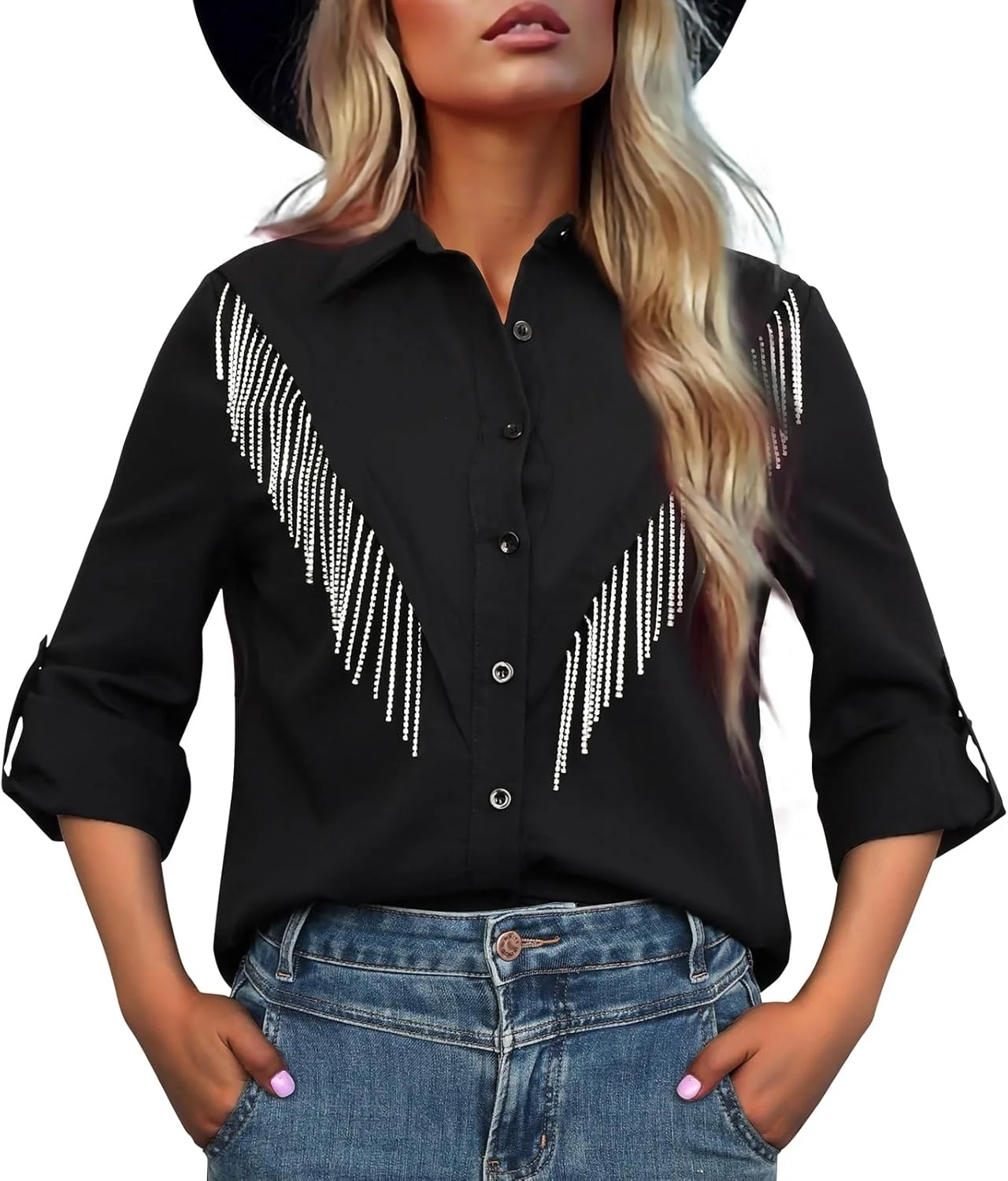 پیراهن زنانه حاشیه دار آستین بلند دکمه دار با نگین های بدلی درخشان، مناسب استایل وسترن و کنسرت های کانتری