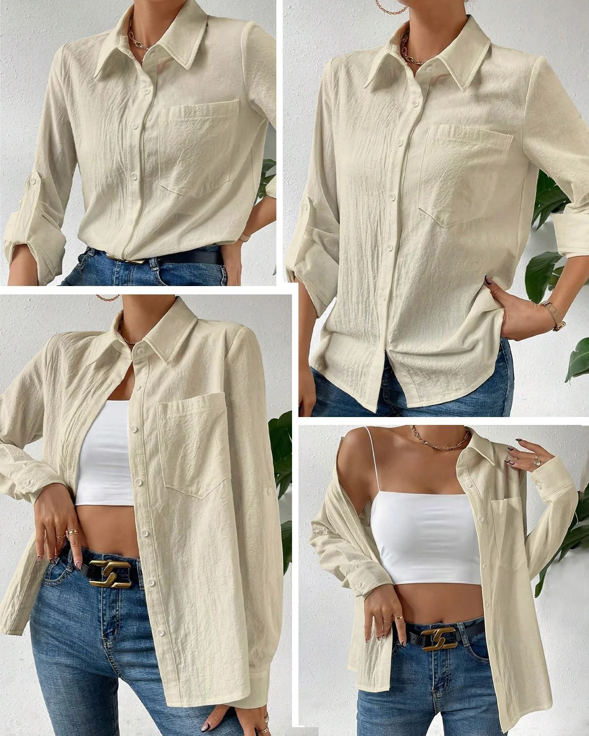 بلوز زنانه دکمه دار آستین بلند/آستین جمع شو، یقه دار، مناسب کار، سایز بزرگ، مدل آزاد، دارای جیب