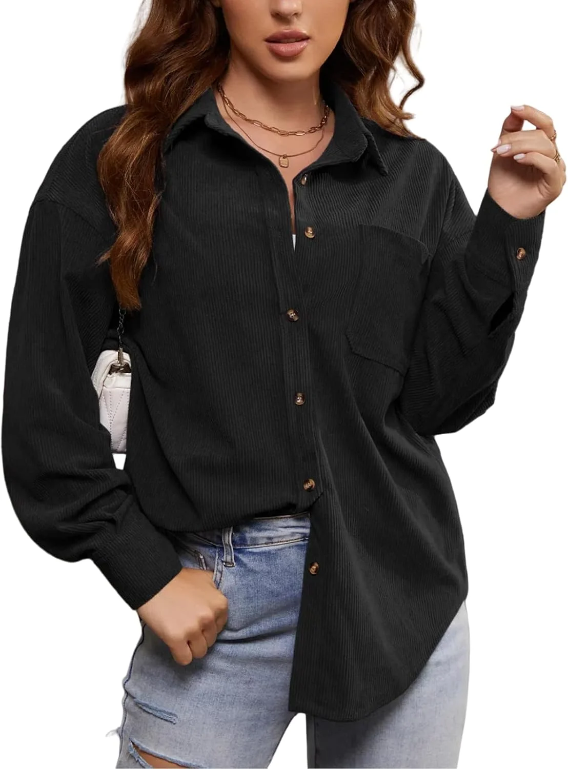 Ratzobes پیراهن زنانه دکمه دار مخمل کبریتی آستین بلند طرح چهارخانه، شکت، بلوزهای غیر رسمی و شیک