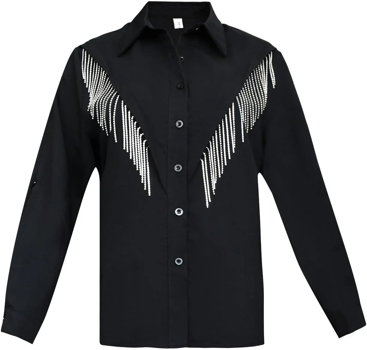 پیراهن زنانه حاشیه دار آستین بلند دکمه دار با نگین های بدلی درخشان، مناسب استایل وسترن و کنسرت های کانتری