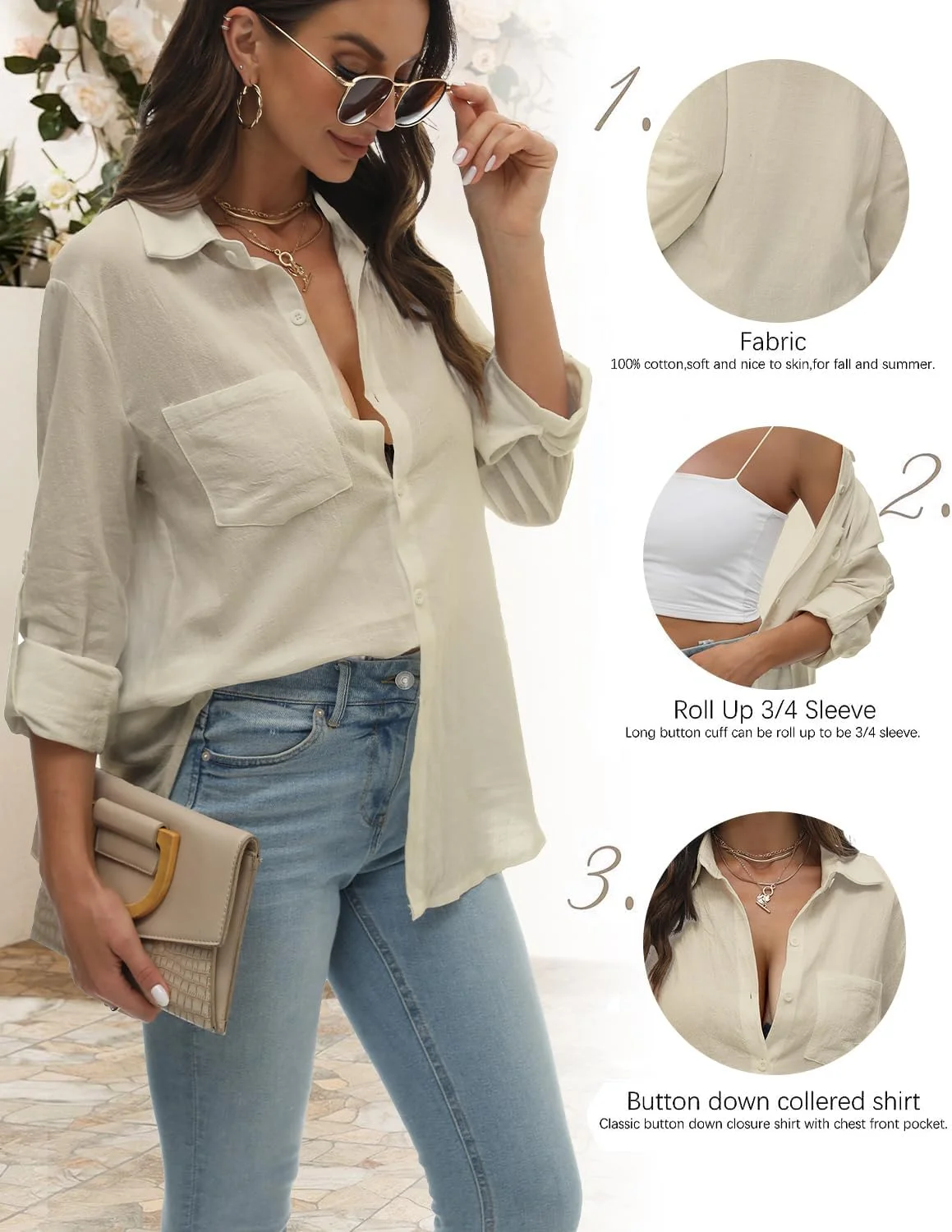 بلوز زنانه دکمه دار آستین بلند/آستین جمع شو، یقه دار، مناسب کار، سایز بزرگ، مدل آزاد، دارای جیب