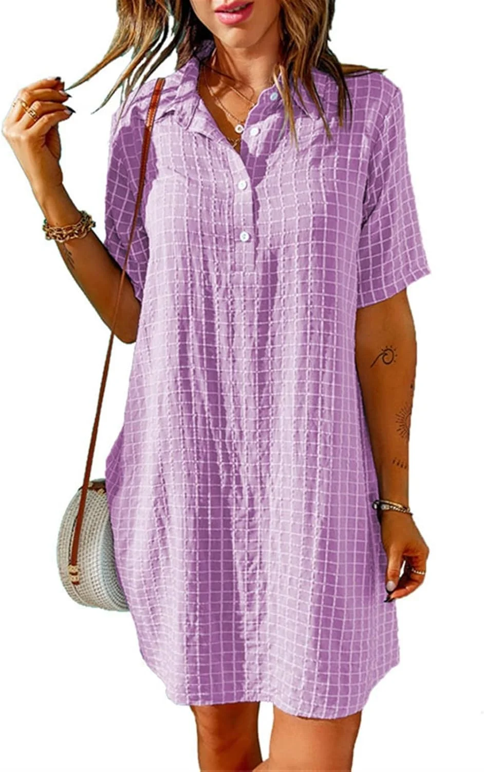 پیراهن زنانه دکمه دار آستین کوتاه با طرح های متنوع، مناسب برای پوشش روی لباس شنا و ساحل (رنگ: بنفش، سایز: XL)