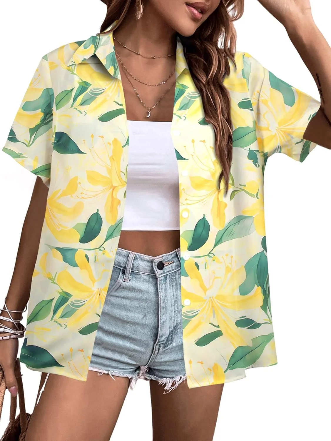 پیراهن هاوایی QLIPIN زنانه طرح گلدار دکمه دار بلوز ساحلی تابستانی آستین کوتاه