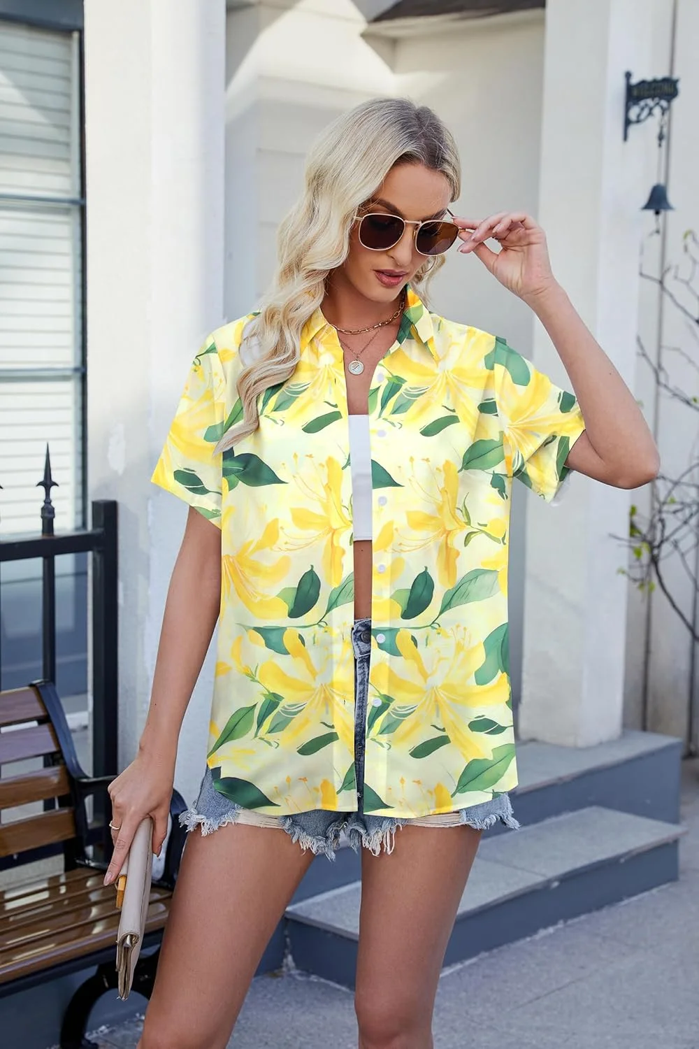 پیراهن هاوایی QLIPIN زنانه طرح گلدار دکمه دار بلوز ساحلی تابستانی آستین کوتاه پیراهن هاوایی QLIPIN زنانه طرح گلدار دکمه دار بلوز ساحلی تابستانی آستین کوتاه