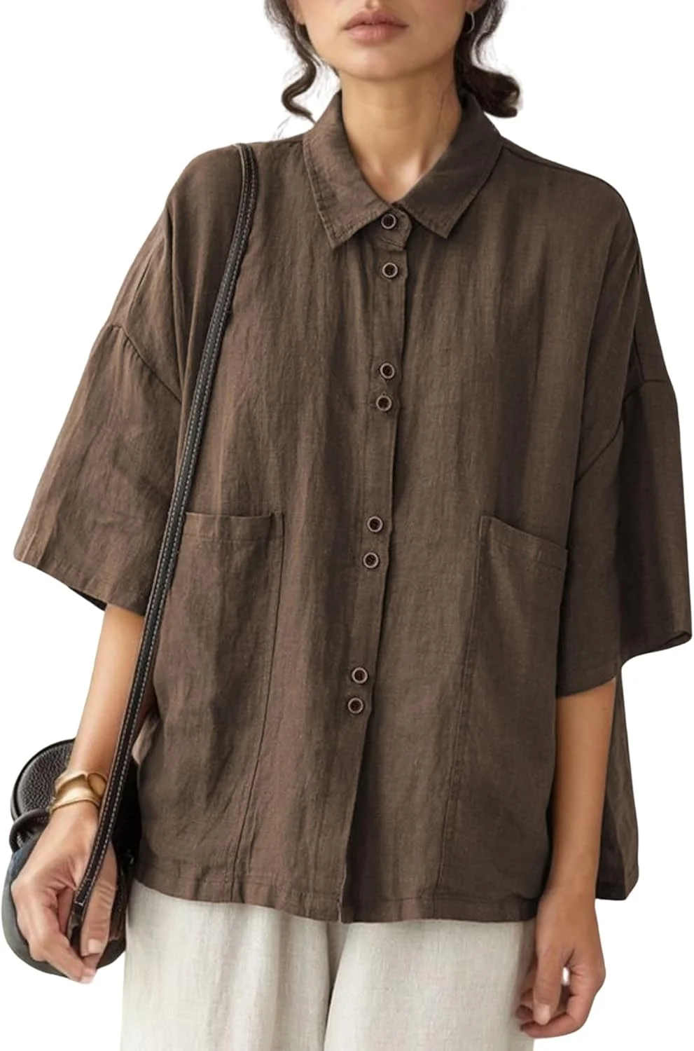 پیراهن دکمه دار زنانه کیبابو، آستین سه ربع، مناسب تابستان، یقه دار، رنگ قهوه ای، سایز ایکس لارج پیراهن دکمه دار زنانه کیبابو، آستین سه ربع، مناسب تابستان، یقه دار، رنگ قهوه ای، سایز ایکس لارج