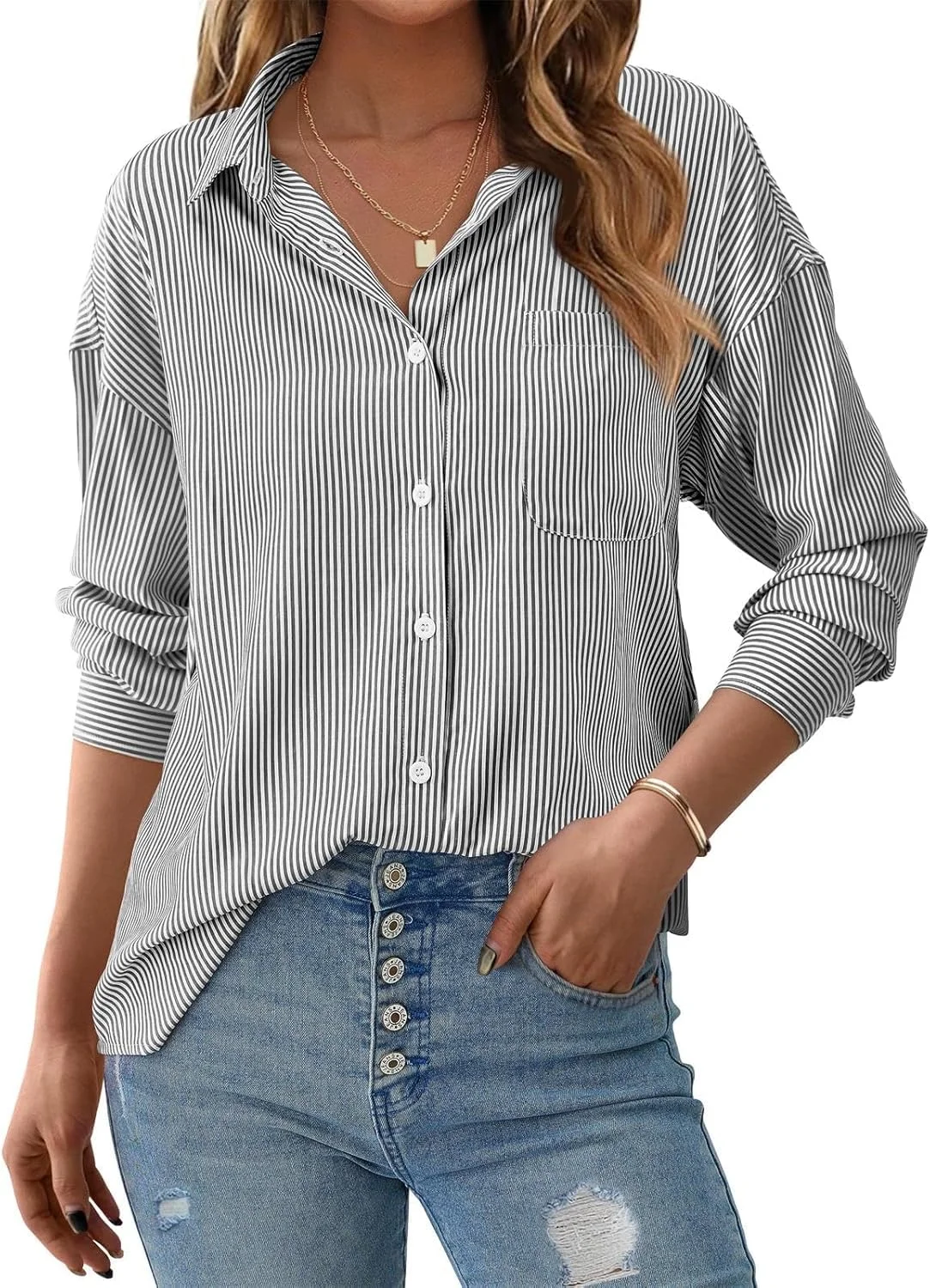 پیراهن زنانه دکمه دار PRETTYGARDEN، راه راه، آستین بلند، یقه دار، مناسب محیط کار، بهاره پیراهن زنانه دکمه دار PRETTYGARDEN، راه راه، آستین بلند، یقه دار، مناسب محیط کار، بهاره