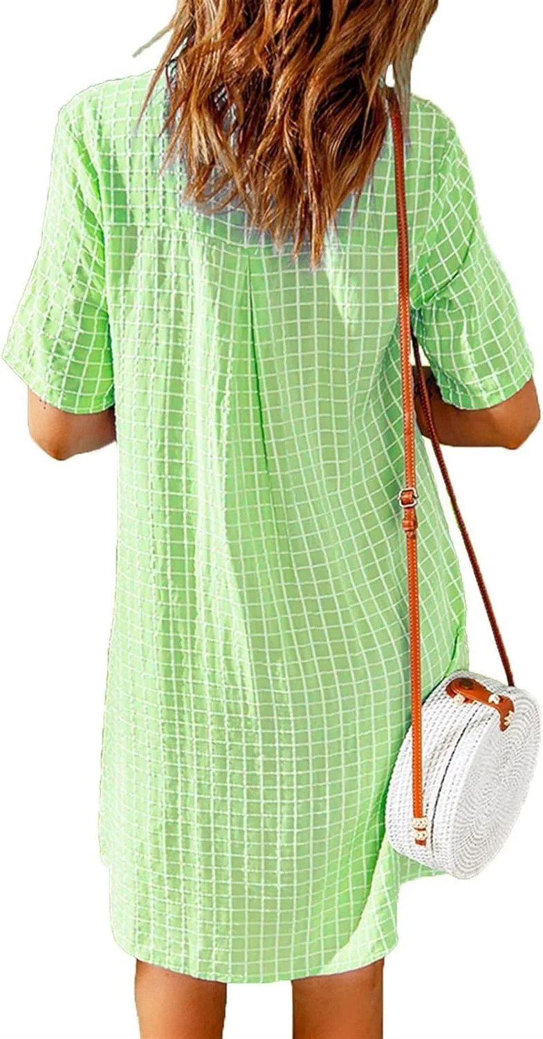 پیراهن زنانه دکمه دار آستین کوتاه، بلوز، تونیک، روپوش، پیراهن ساحلی گشاد (رنگ: سبز، سایز: XL)