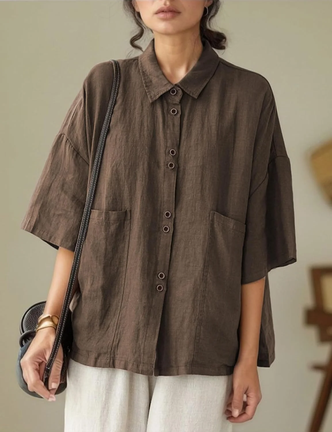 پیراهن دکمه دار زنانه کیبابو، آستین سه ربع، مناسب تابستان، یقه دار، رنگ قهوه ای، سایز ایکس لارج