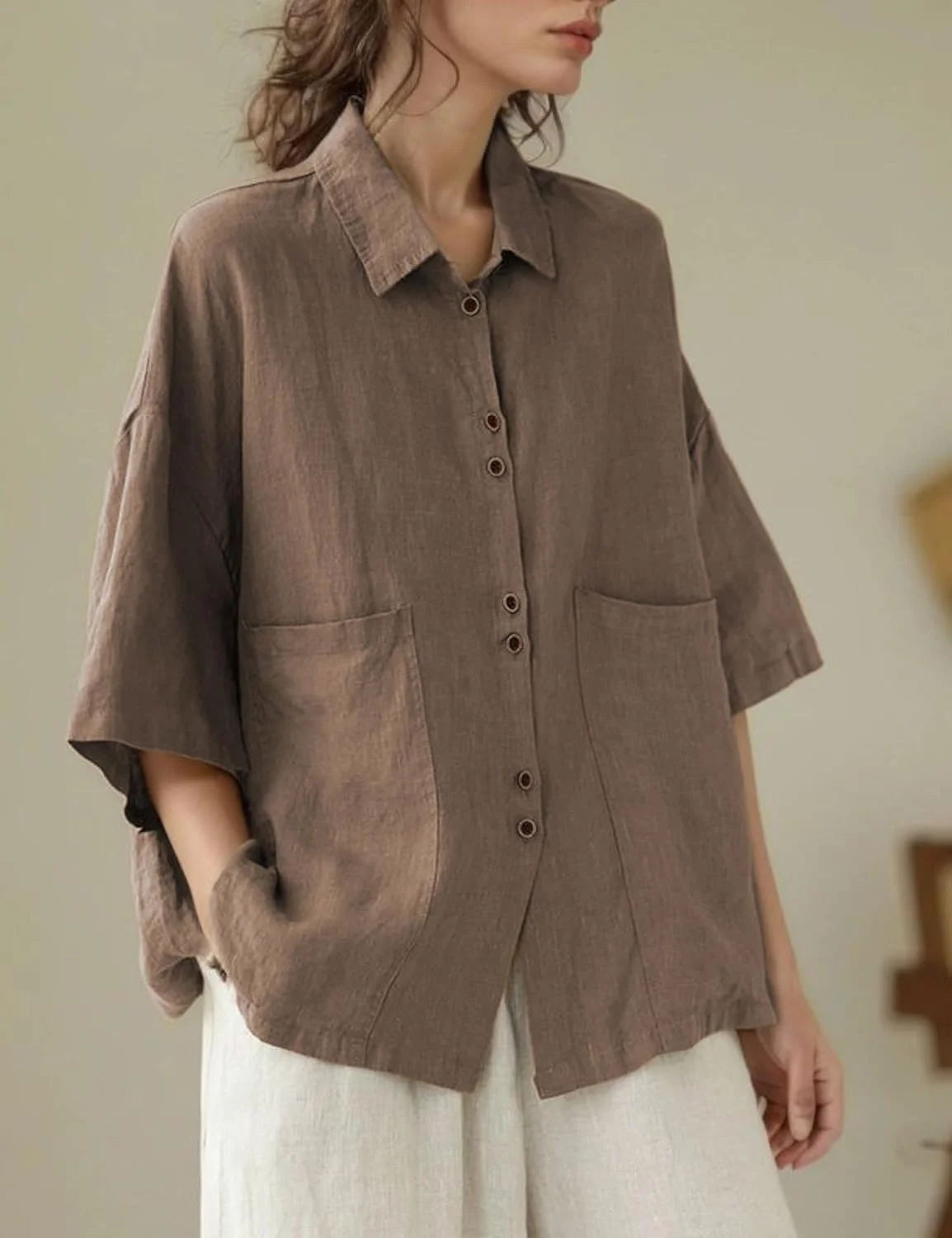 پیراهن دکمه دار زنانه کیبابو، آستین سه ربع، مناسب تابستان، یقه دار، رنگ قهوه ای، سایز ایکس لارج