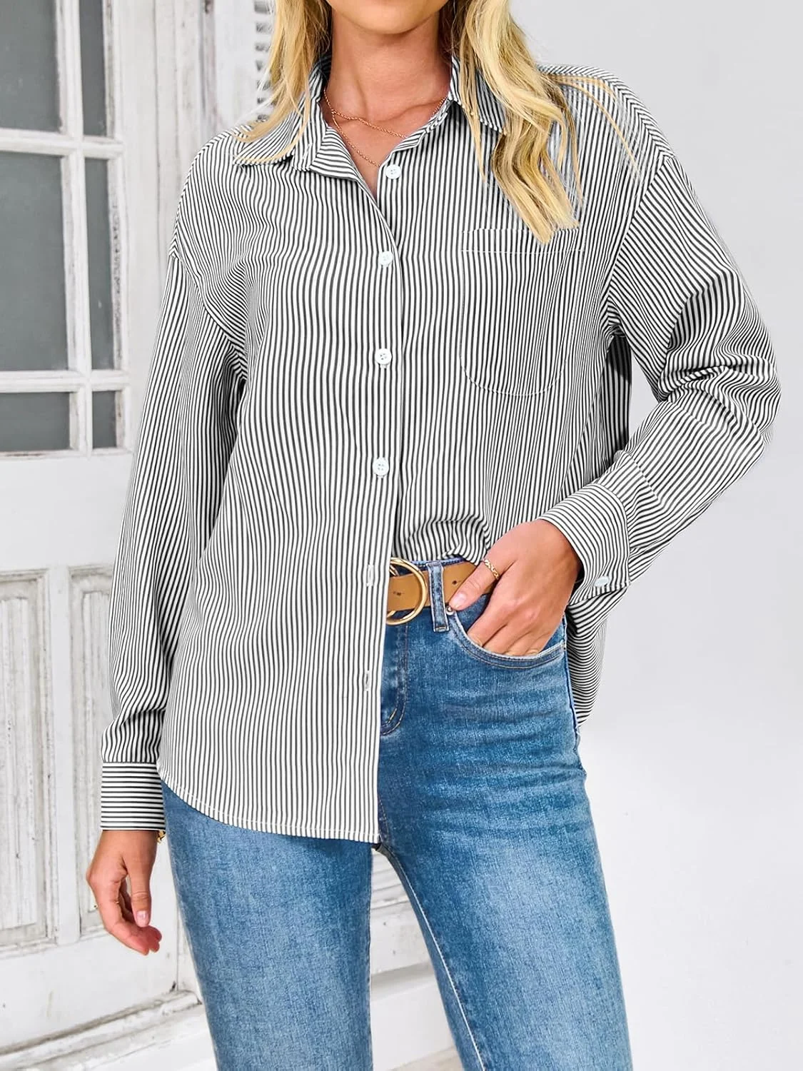 پیراهن زنانه دکمه دار PRETTYGARDEN، راه راه، آستین بلند، یقه دار، مناسب محیط کار، بهاره