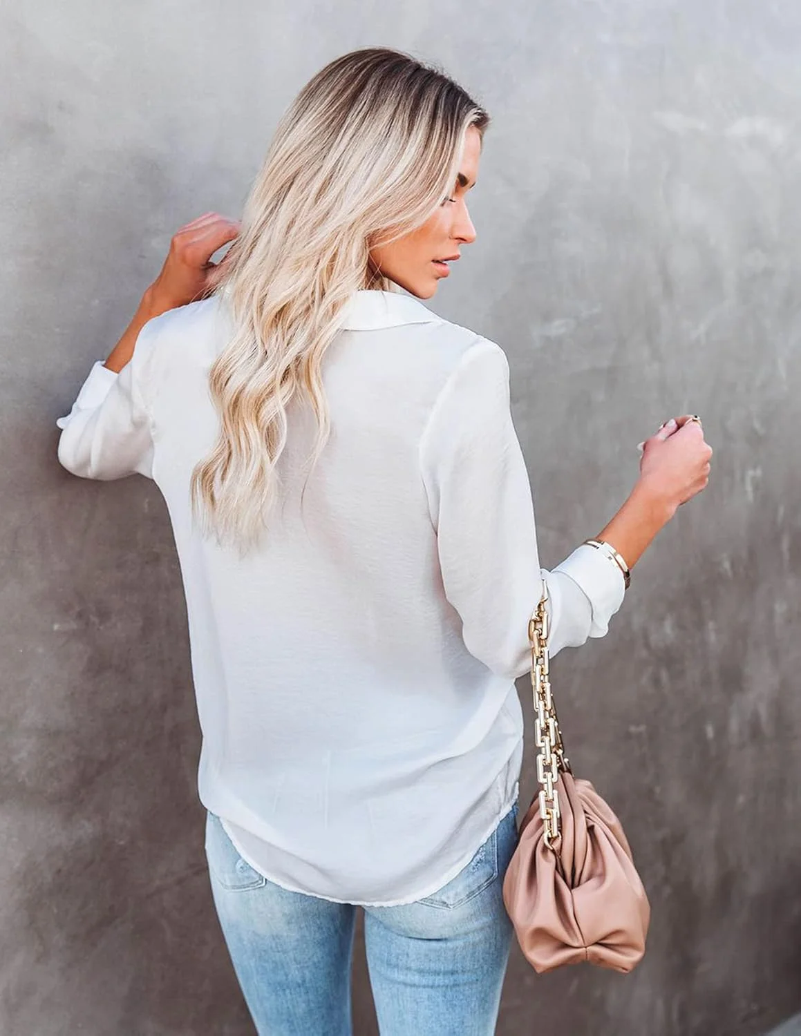 بلوز زنانه دکمه دار آستین بلند، مناسب کار، یقه هفت، تونیک گشاد، تاپ ساده اداری