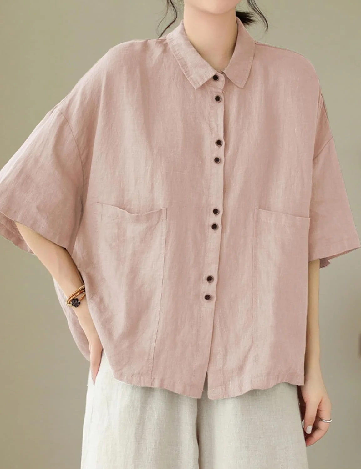 پیراهن دکمه دار زنانه کیبابو، بلوز آستین سه ربع کتان و لینن، مناسب تابستان