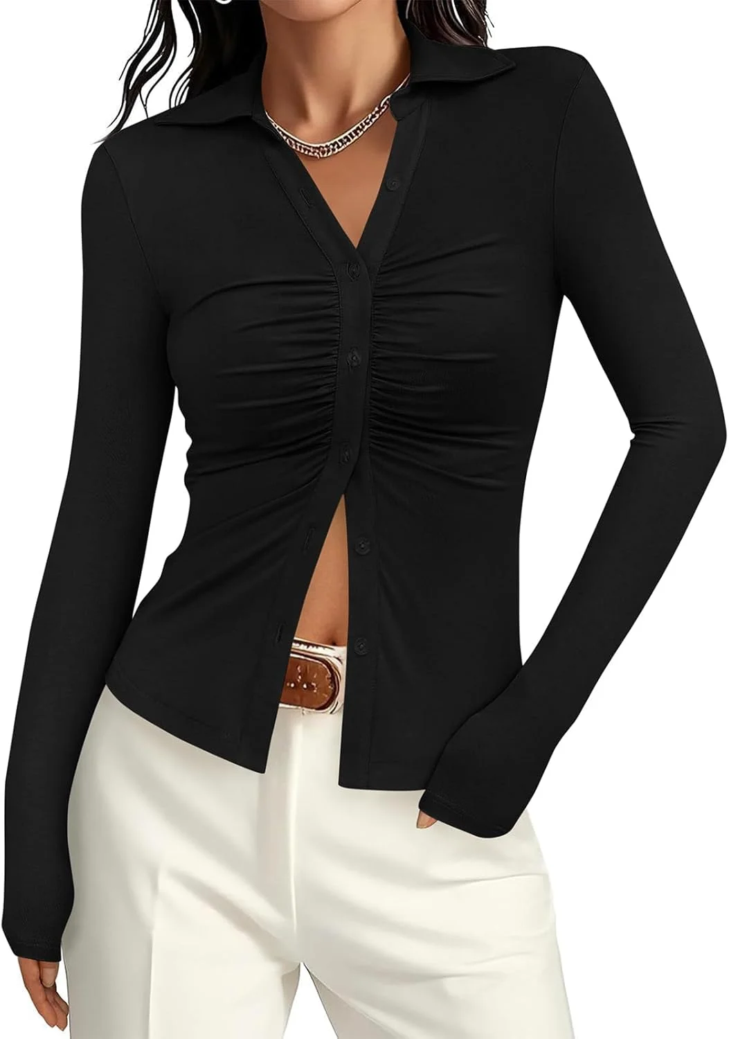 پیراهن زنانه دکمه دار PRETTYGARDEN، یقه هفت، مدل جمع شده، آستین بلند، مناسب استایل غیر رسمی پاییزه پیراهن زنانه دکمه دار PRETTYGARDEN، یقه هفت، مدل جمع شده، آستین بلند، مناسب استایل غیر رسمی پاییزه